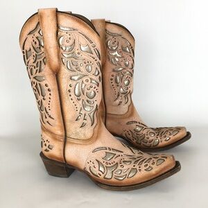 Corral Teen Western Cowgirl Boots Tan Pink With Gold Glitter Inlay Sz 5 Snip Toe